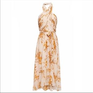 Joie NWT never-worn silk gold-metallic floral halter dress high-low silhouette